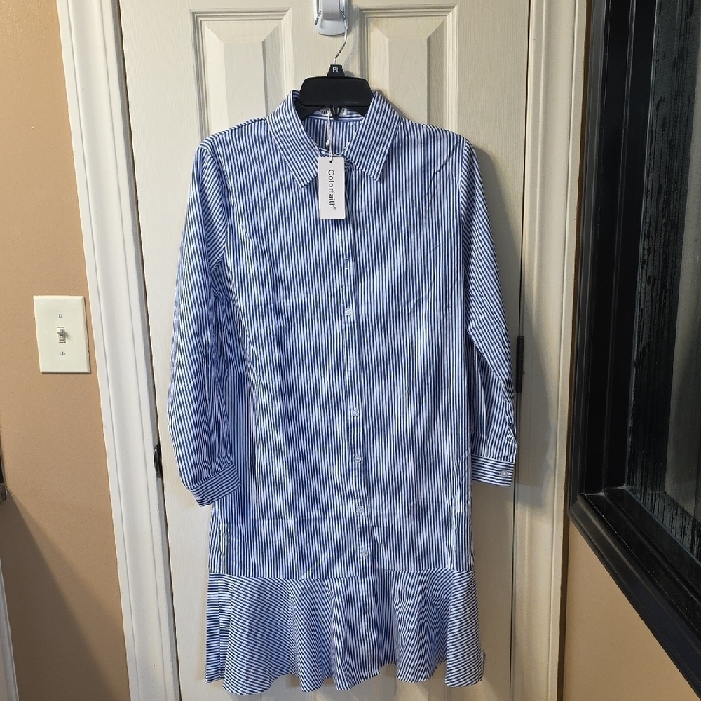 Colorfaith Blue Stripe Long-Sleeve Shirt Dress